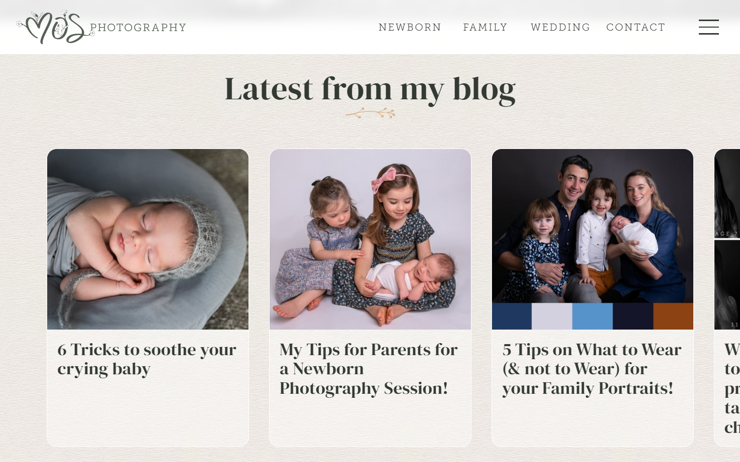 Blog section of Michelle O’Sullivan’s photography website showing a textured paper background.