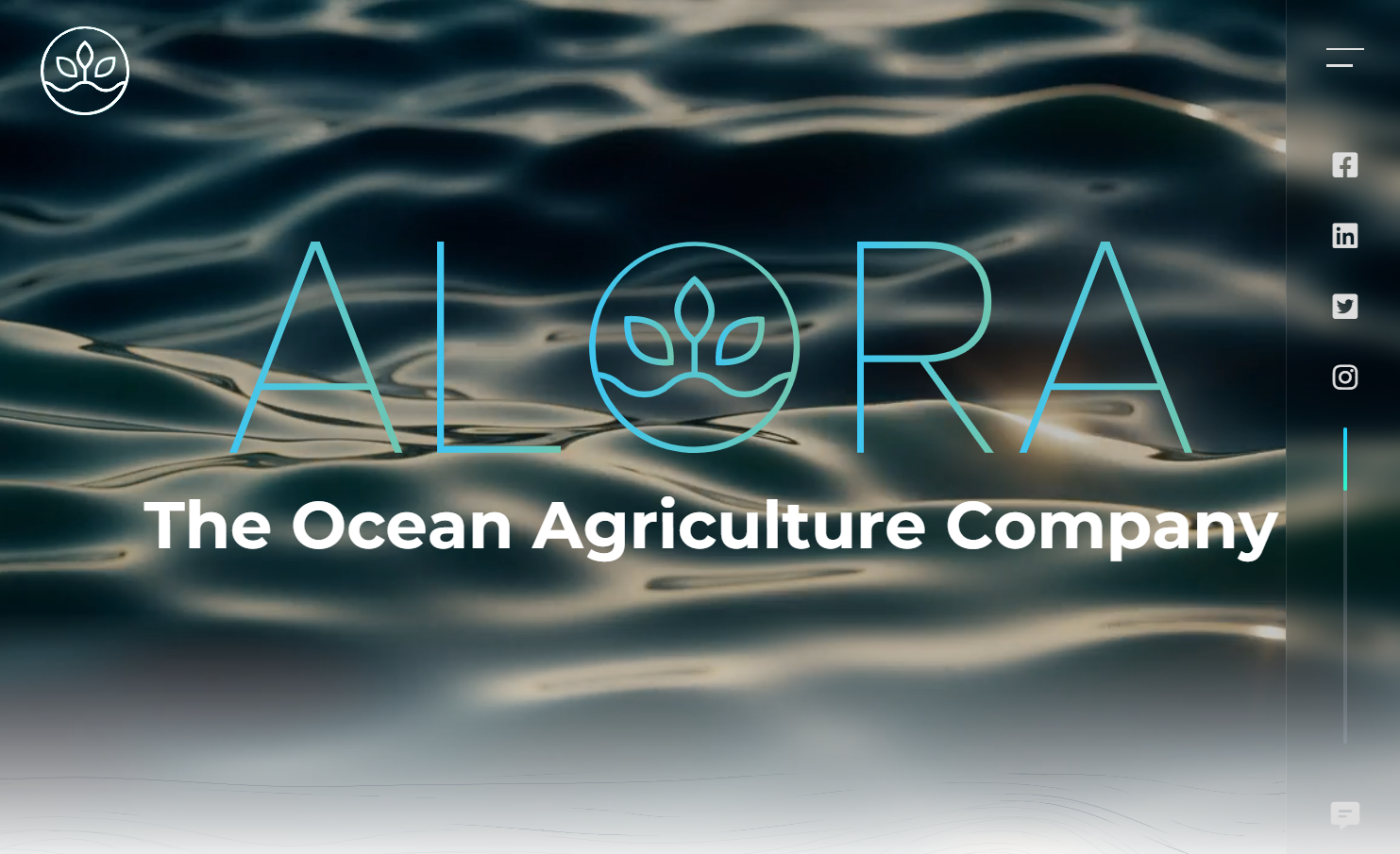 Alora homepage showing the company name overlaid on rippling water.