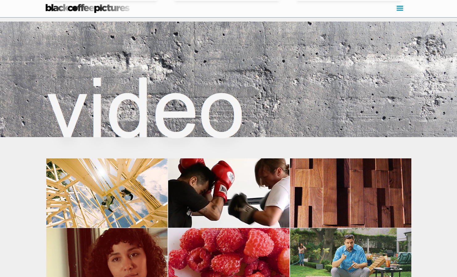 Black Coffee Pictures site showing a band of concrete texture underneath the video section heading.