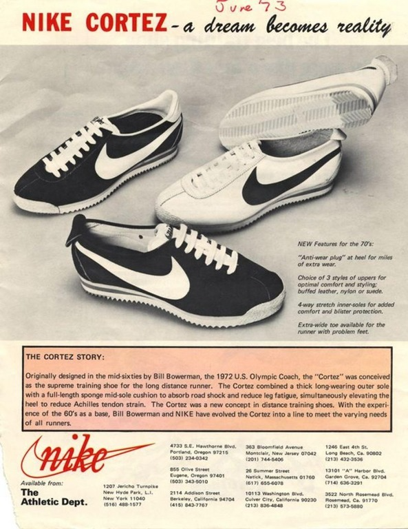 1973 Nike Coretz ad with a headline that reads "Nike Cortez - a dream becomes reality" above a photo of both black and white pairs of the Cortez shoe. The bottom third of the page explains the Cortez story and locations where you can buy the shoe.