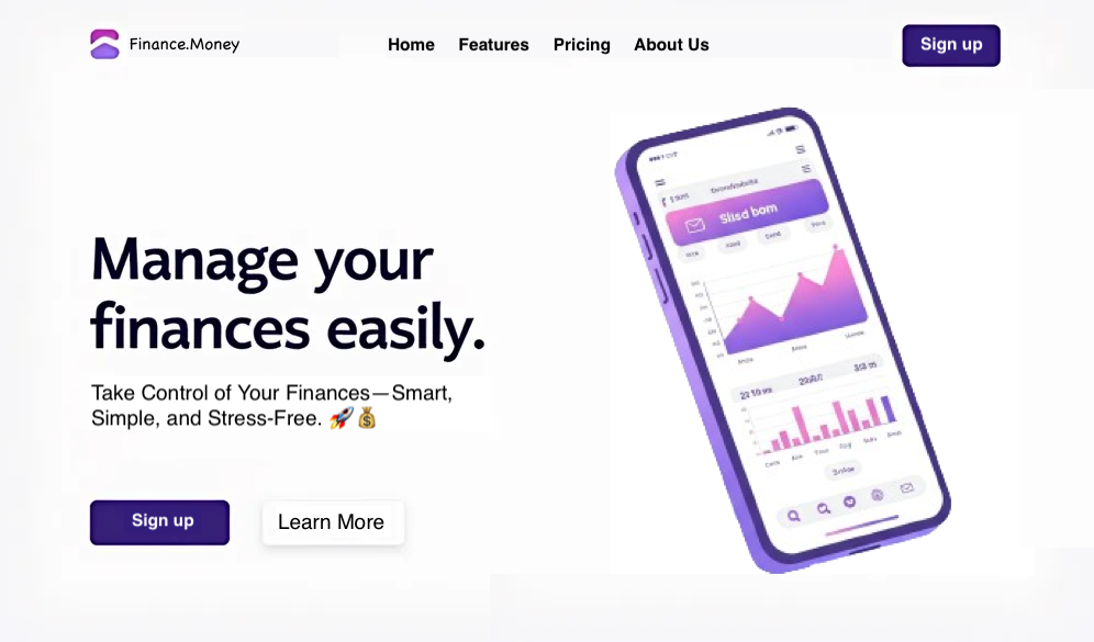 Mock website that contains a navbar and a hero section with a description, call to action button, and an image