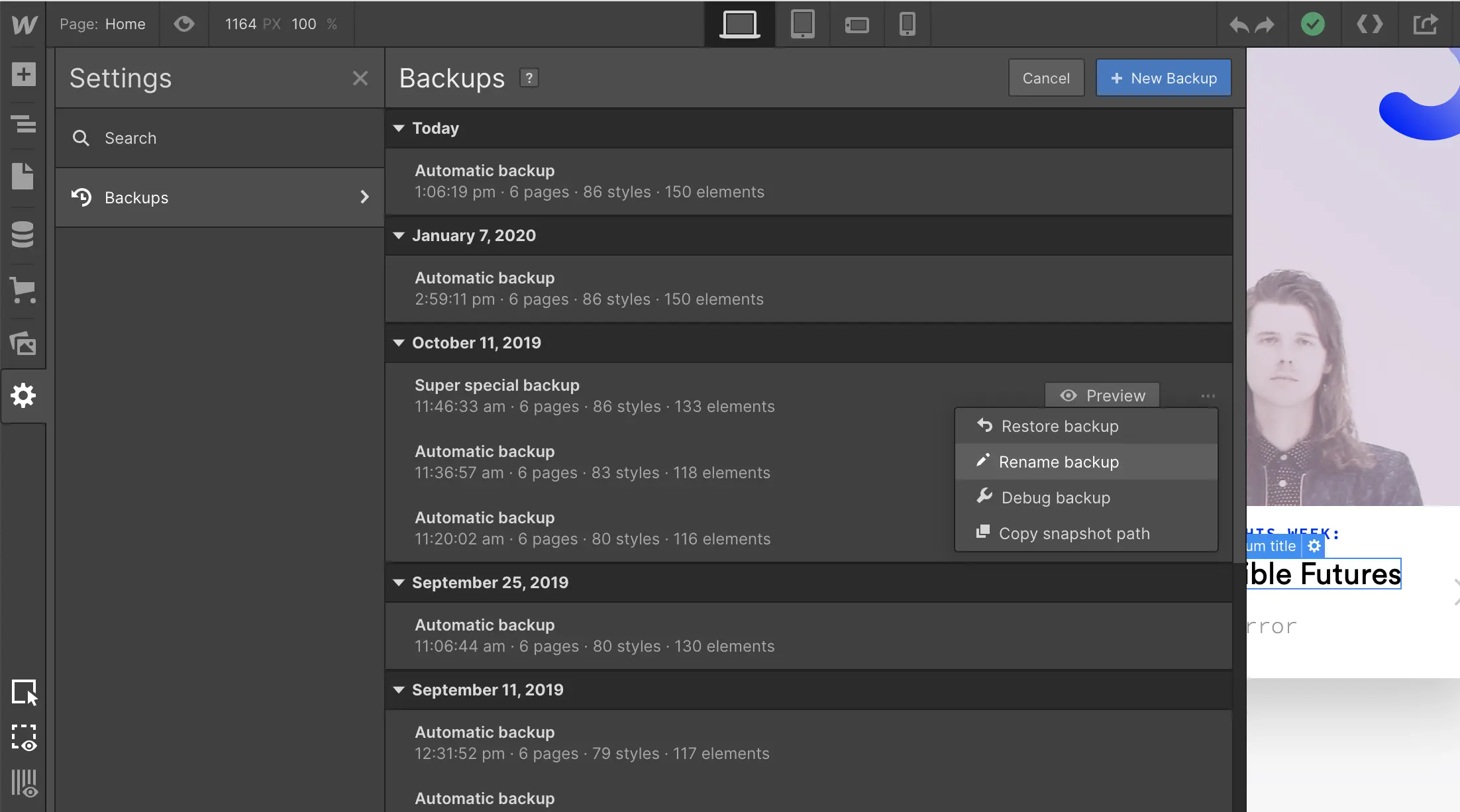 Preview, restore, and rename backups from the Designer