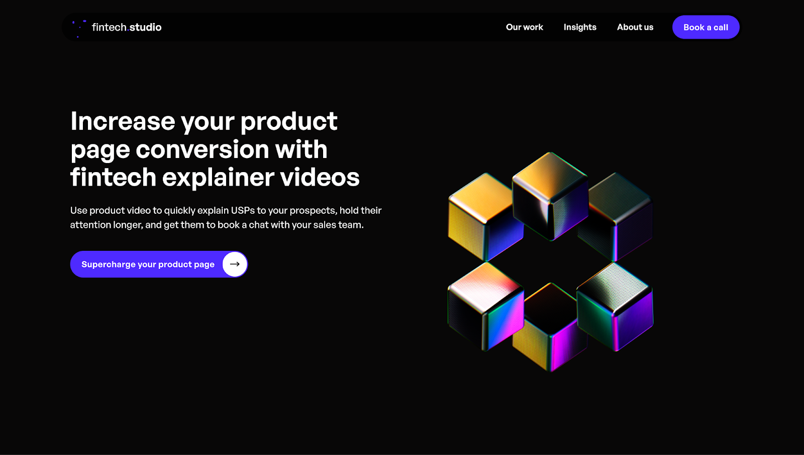 A screenshot of Fintech Studio’s website showing a header with text and floating 3D cubes.