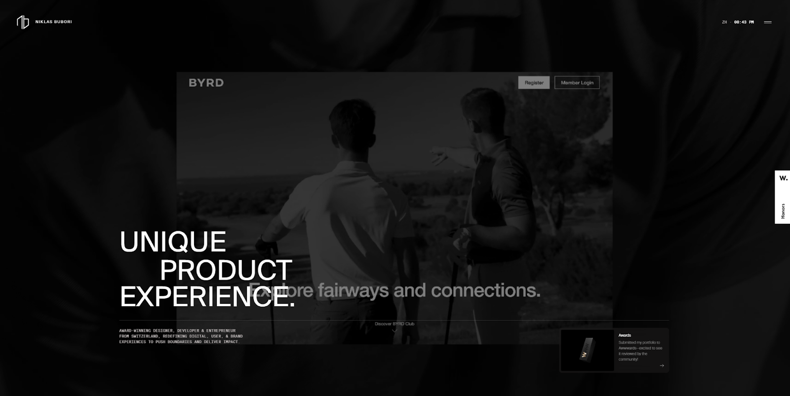 A screenshot of Niklas Bubori’s portfolio homepage with a black background and a white headline that reads “Unique Product Experience” over a gray image of two golfers.