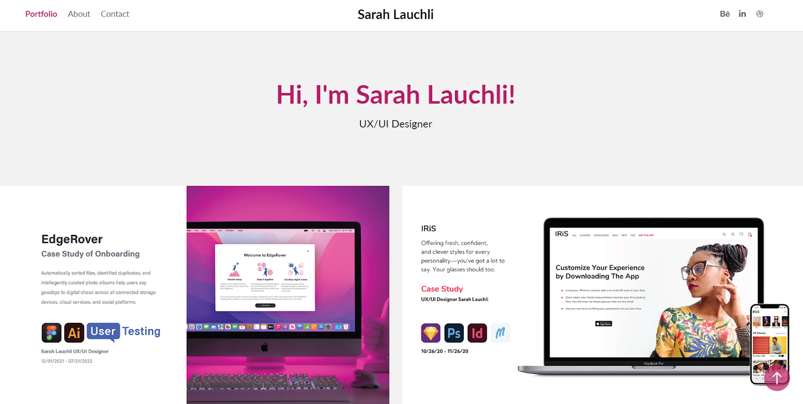 A screenshot of Sarah Lauchli’s portfolio homepage with a headline reading “Hi, I’m Sarah Lauchli! UX/UI Designer” above case study previews of her previous design work on desktop and mobile screens.