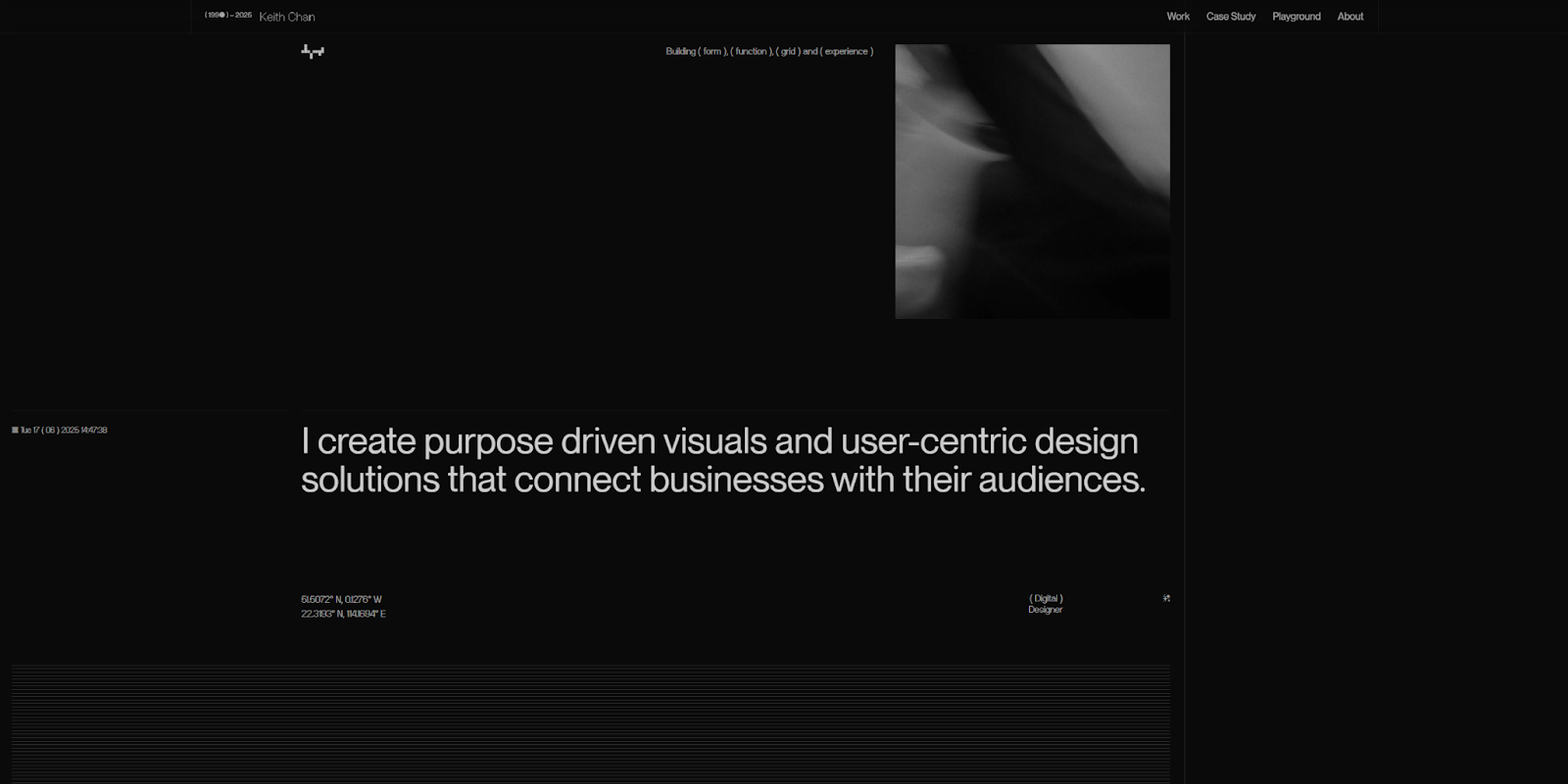 A screenshot of Keith Chan’s dark-themed portfolio homepage with the headline “I create purpose driven visuals and user-centric design solutions that connect businesses with their audiences.”