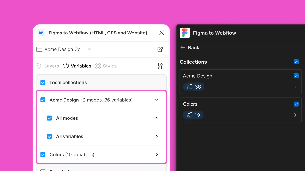 Sync multiple variable collections and modes from Figma to Webflow