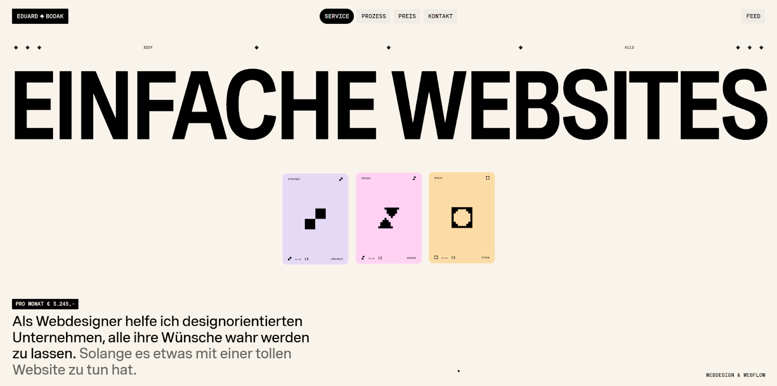 Eduard Bodak’s online portfolio begins with the headline “Einfache Websites” (simple websites) above three graphics of pixelated, 2D shapes.