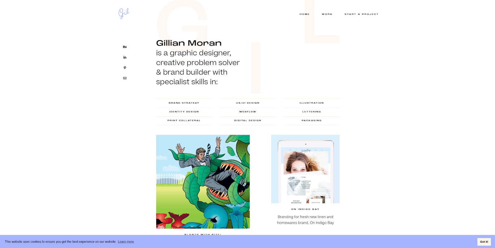 Gillian Moran’s portfolio website begins with a headline introducing their skill set, followed by a list of nine skills.