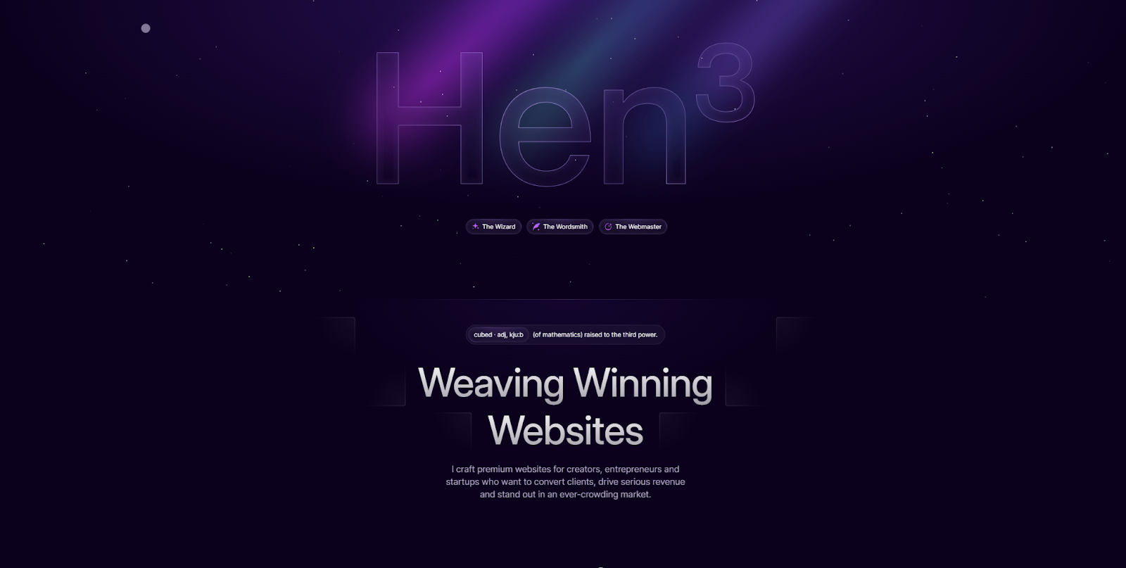 The Hen3 homepage begins with their logo, followed by the headline “Weaving Winning Websites.”