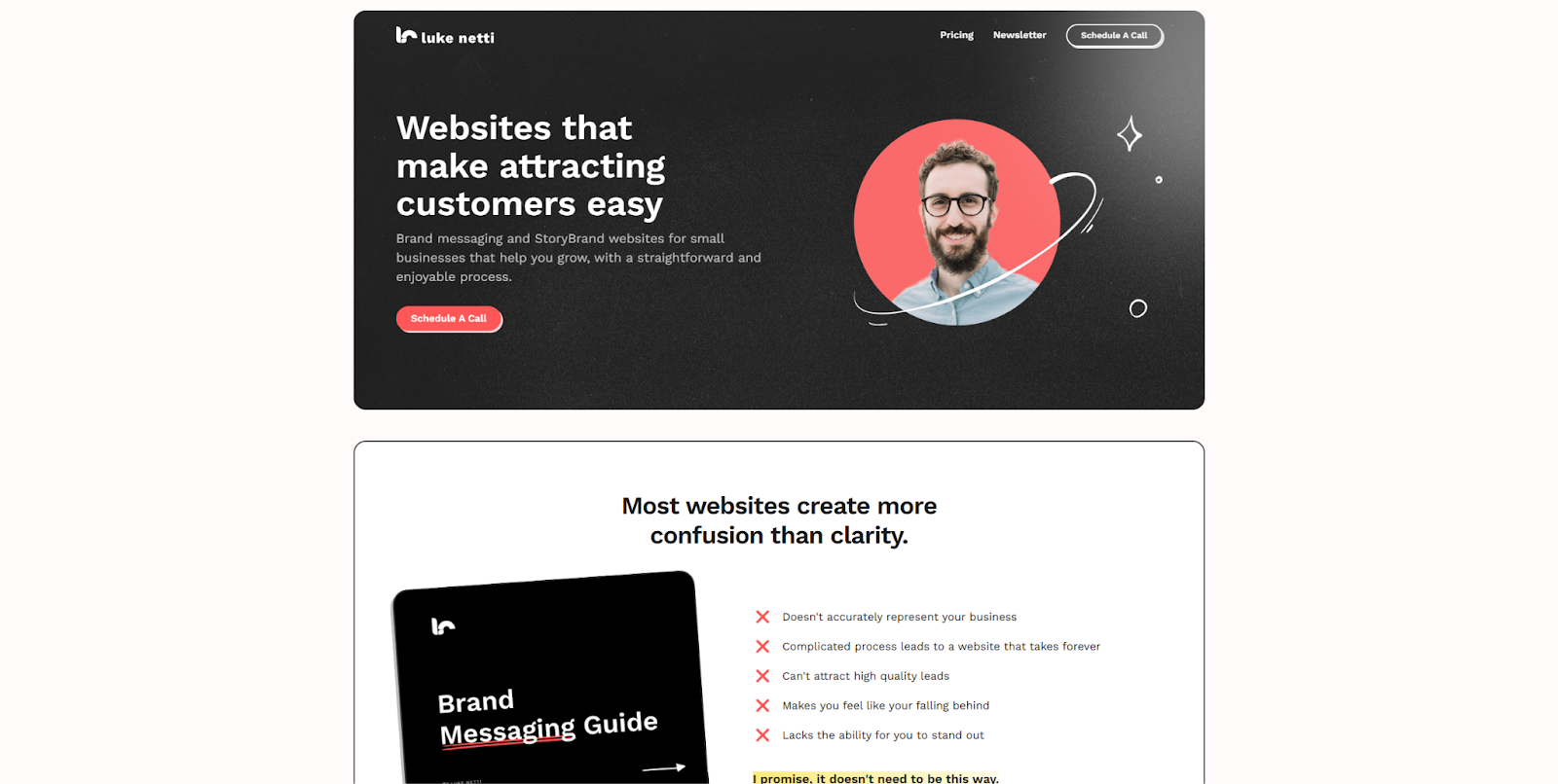 The homepage begins with an image of Luke beside the headline “Websites that make attracting customers easy.”