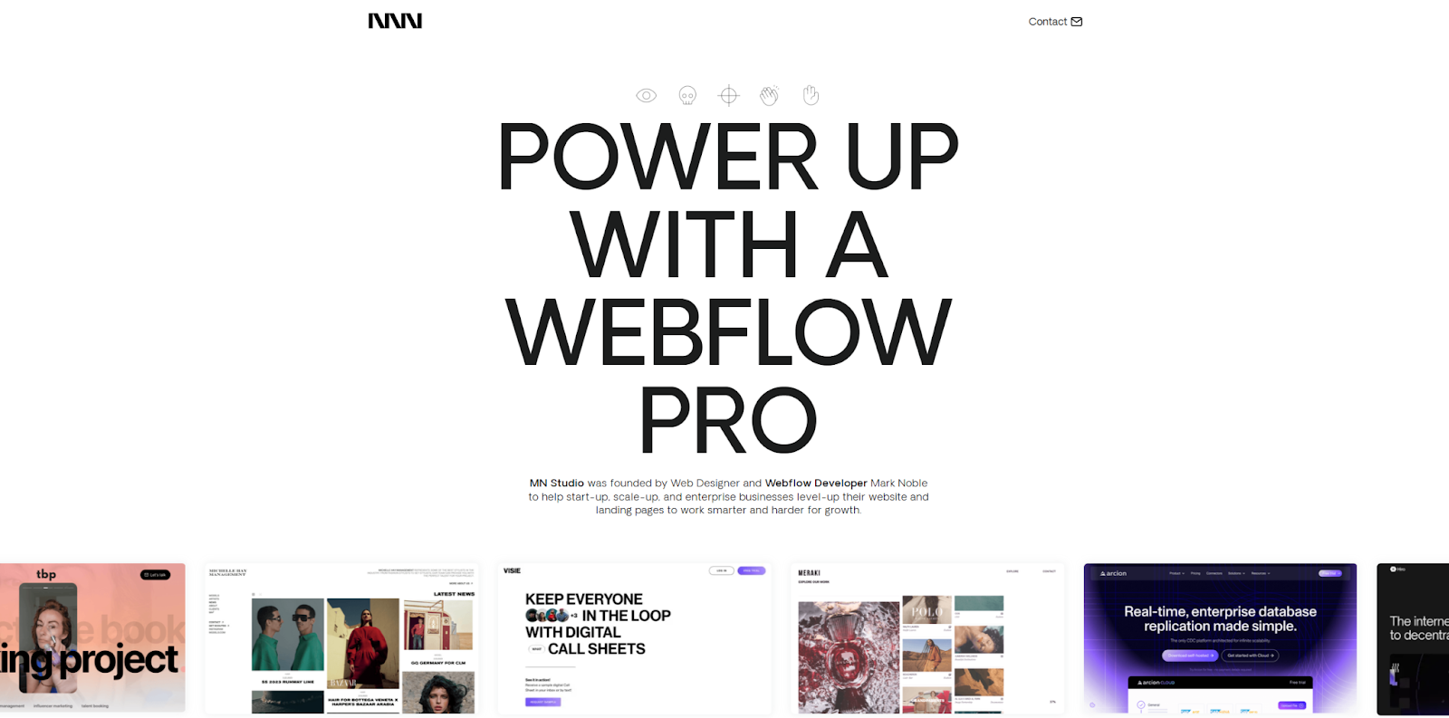 The MN Studio website begins with the headline “Power up with a Webflow pro” above a horizontally scrolling gallery of work samples.