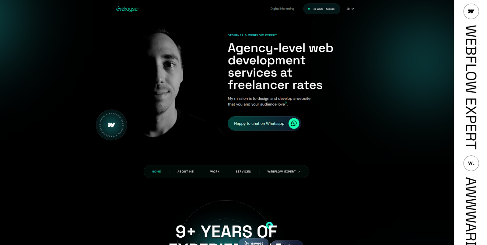 Eve Kayser’s portfolio site begins with a headshot next to the headline “Agency-level web development services at freelancer rates.”