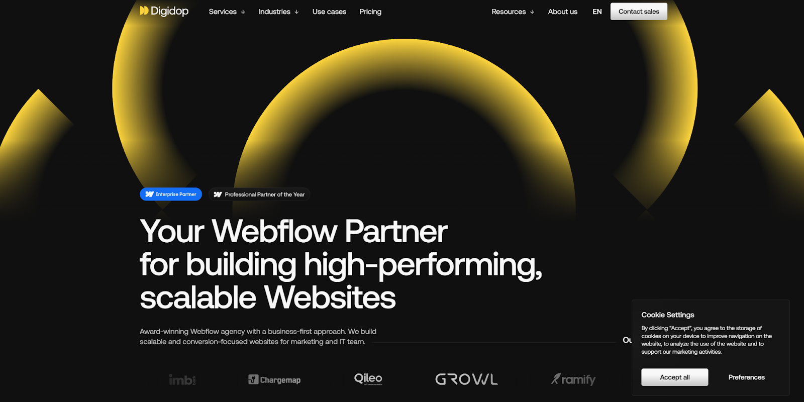 The Digidop web design portfolio begins with an image of concentric circles above the headline “Your Webflow partner for building high-performing, scalable websites.”