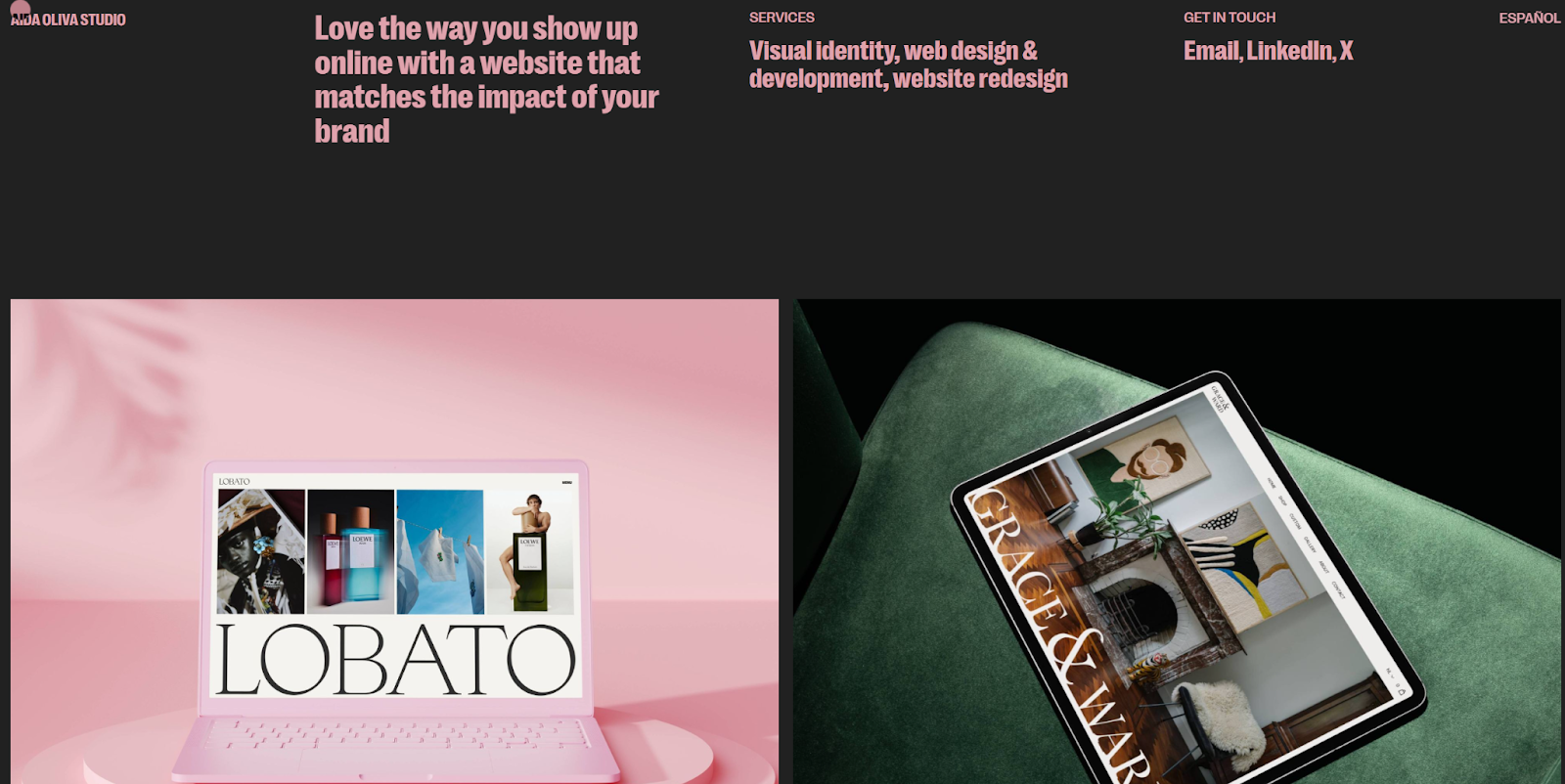 Aida Oliva Studio’s web design portfolio begins with the headline “Love the way you show up online with a website that matches the impact of your brand” above two case studies.