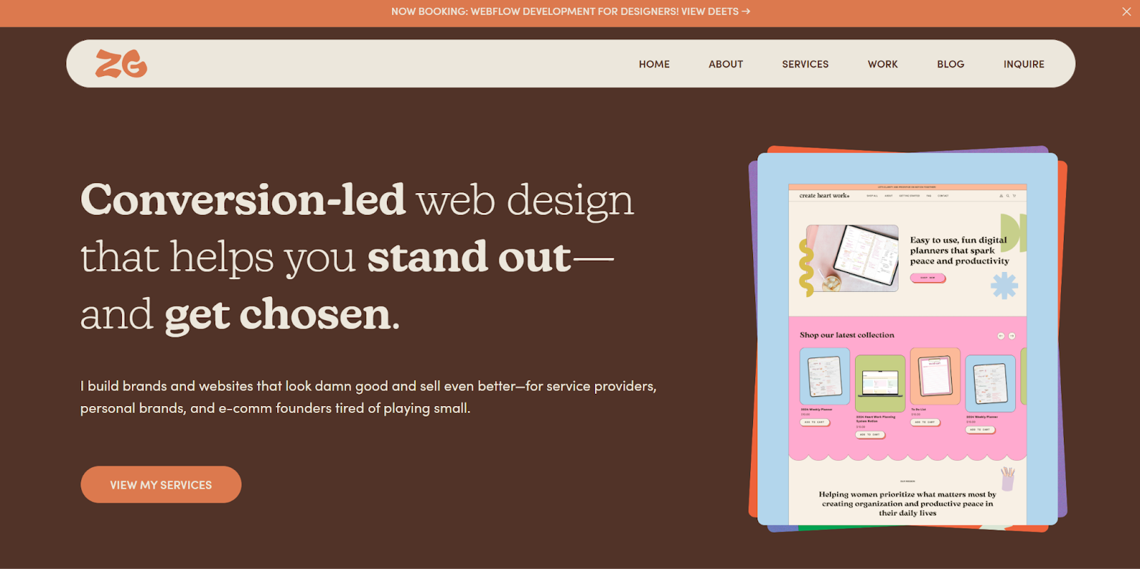 The Zig Zag Creative portfolio website begins with the headline “Conversion-led web design that helps you stand out — and get chosen” beside images of case studies.