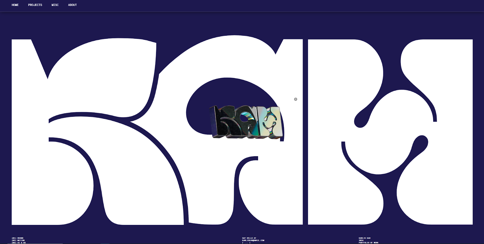 Karlis Kah’s web design portfolio begins with the word “Kah” in both a full-screen font and a hovering metallic logo at the center.