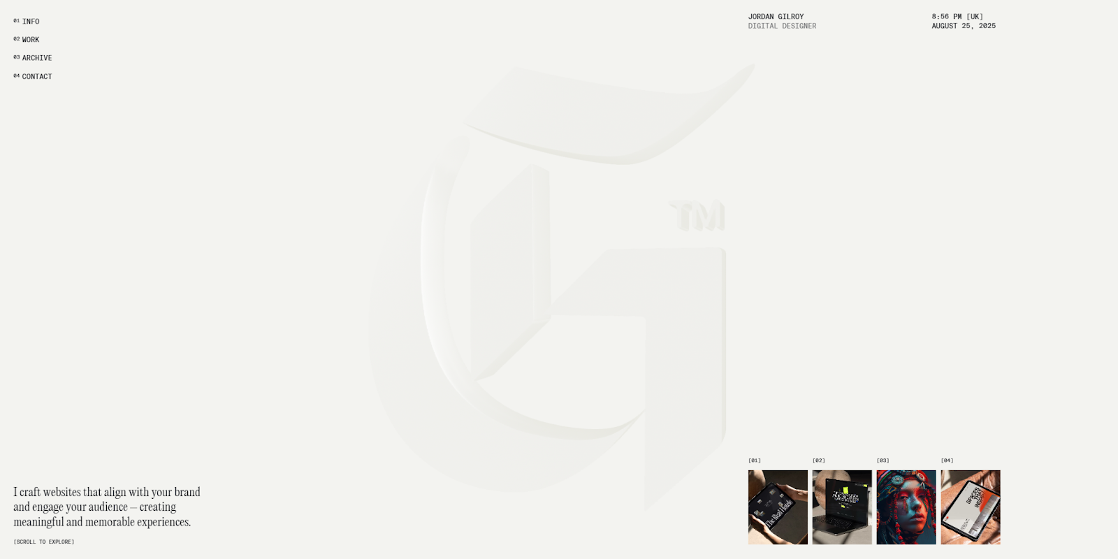Jordan Gilroy’s homepage begins with a floating script “G” above the headline “I craft websites that align with your brand and engage your audience — creating meaningful and memorable experiences.”