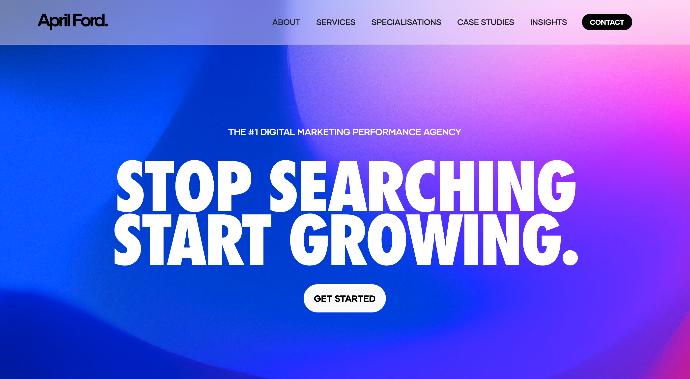 April Ford's website with the headline, "Stop searching, start growing."