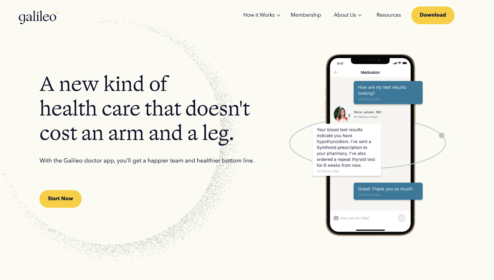 A screenshot of Galileo’s site showing text, CTA buttons, and a smartphone mockup showing the app in action.
