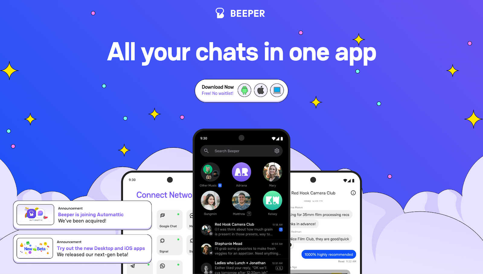 A screenshot of Beeper’s app landing page showing the text “All your chats in one app,” against a purple/blue background.