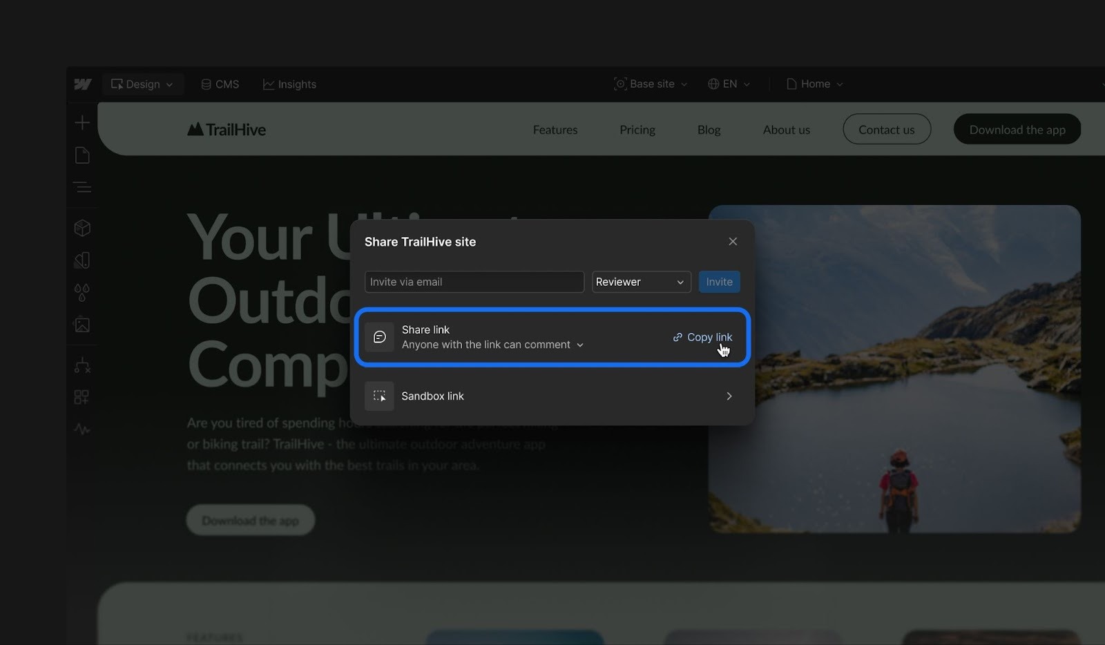 The share-link pop up in Webflow to give users comment-only access.