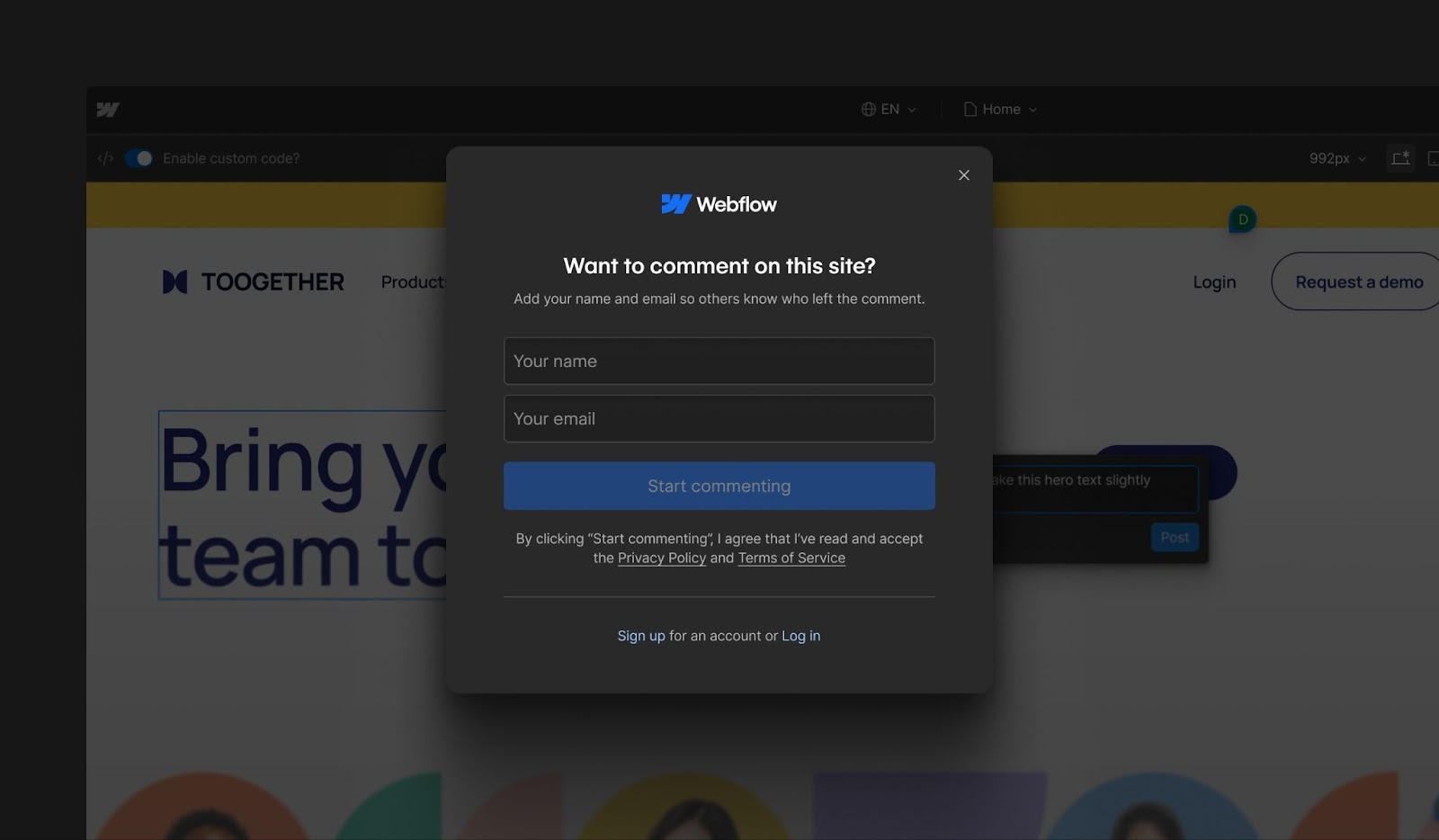 The popup prompting users to request comment access in Webflow.