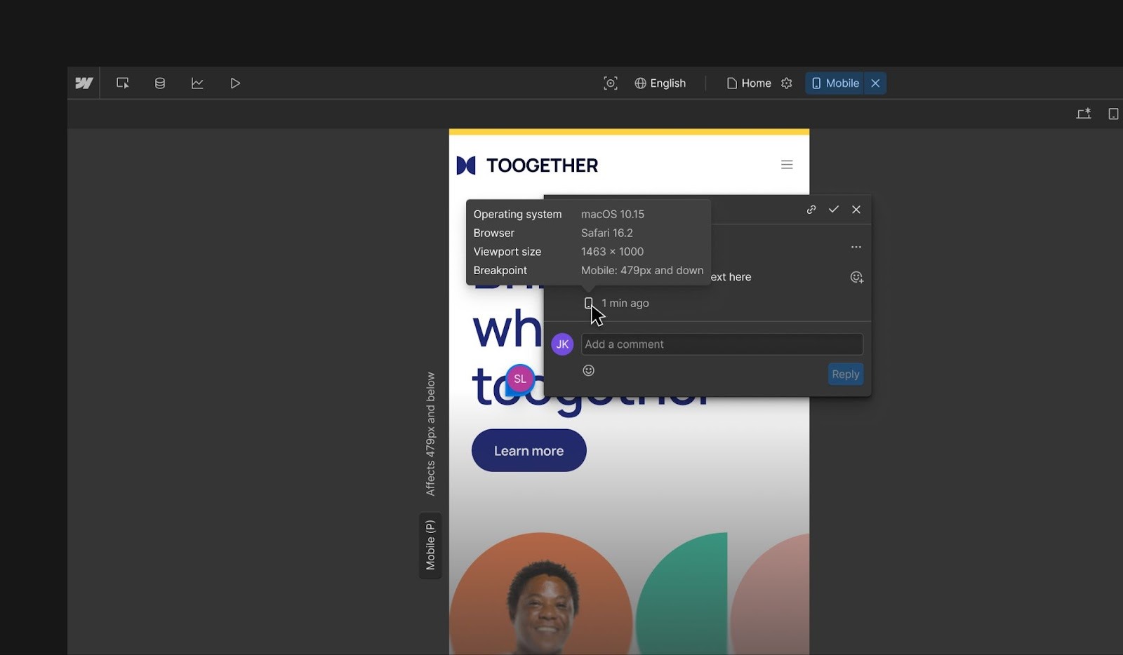 The tooltip that appears on hover in comment mode that exposes reviewer metadata like operating system, browser, viewport size, and breakpoint.