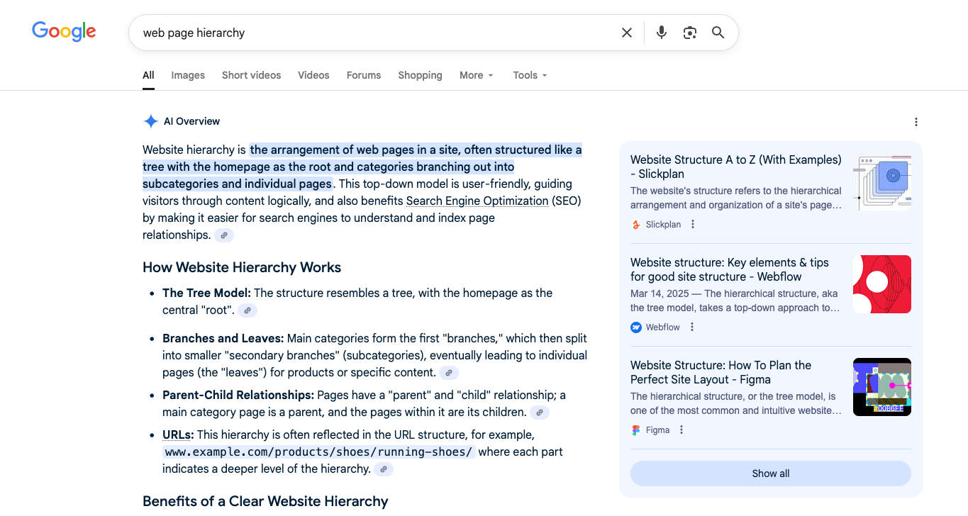 A screenshot of the Google AI Overview for the query “web page hierarchy.”