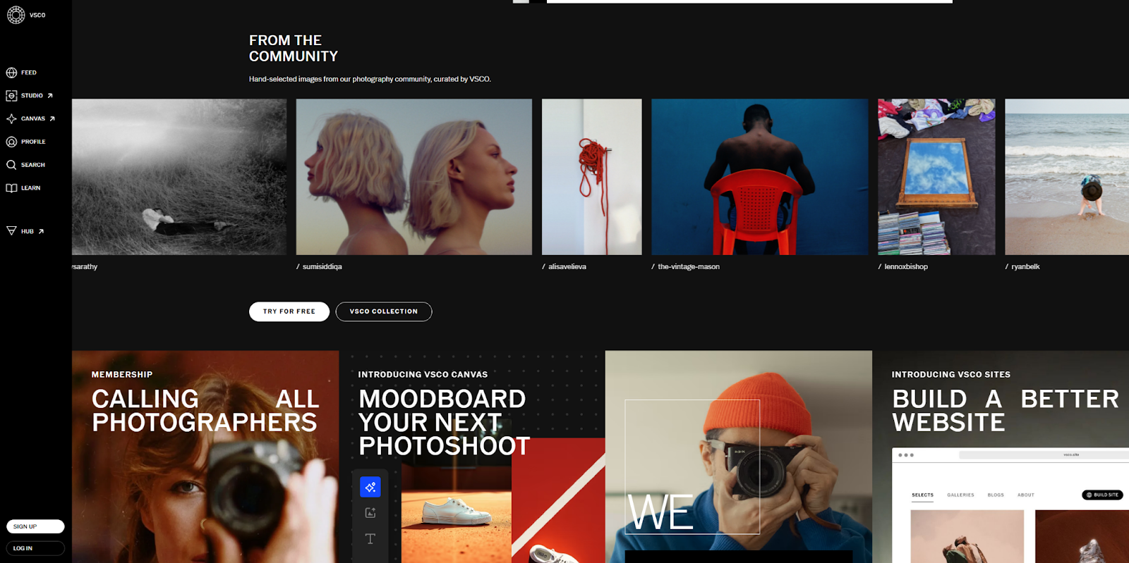 The VSCO homepage features a “From the Community” section with a gallery of recent creations.