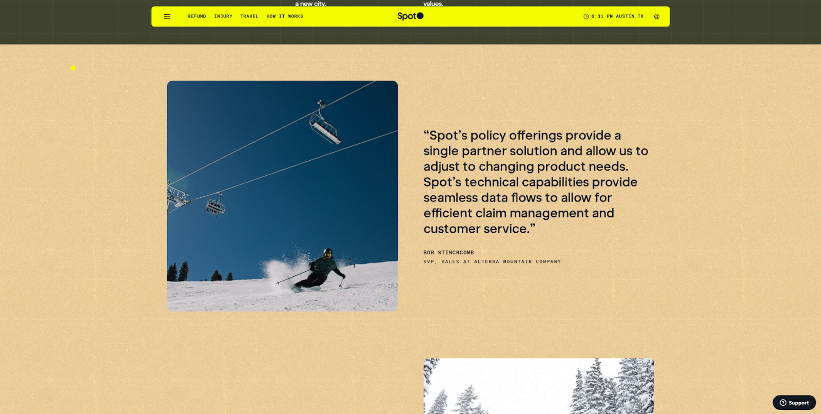 The Spot homepage features a scrolling testimonial section with detailed user feedback.