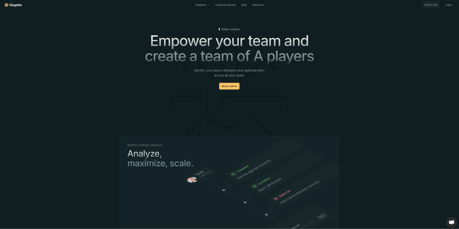 The Glyphic Sales Leaders landing page begins with the headline, “Empower your team and create a team of A players,” above a screenshot of the tool