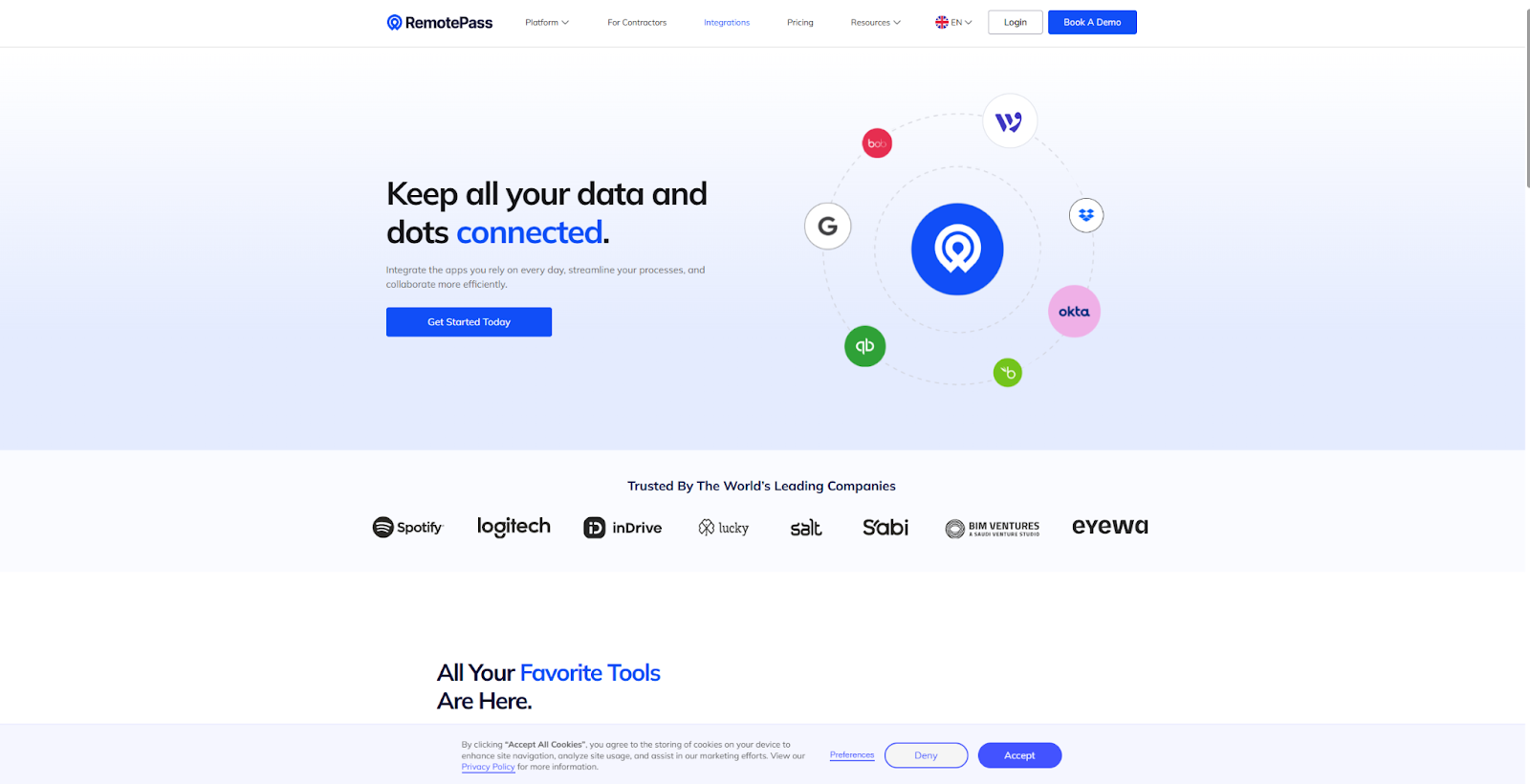 The RemotePass Integrations landing page begins with the headline, “Keep all your data and dots connected,” alongside a connected web of logos for popular apps.