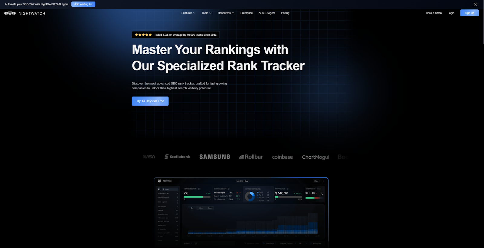 The Nightwatch Rank Tracker landing page begins with the headline, “Master Your Rankings with Our Specialized Rank Tracker,” followed by a screenshot of the tool.