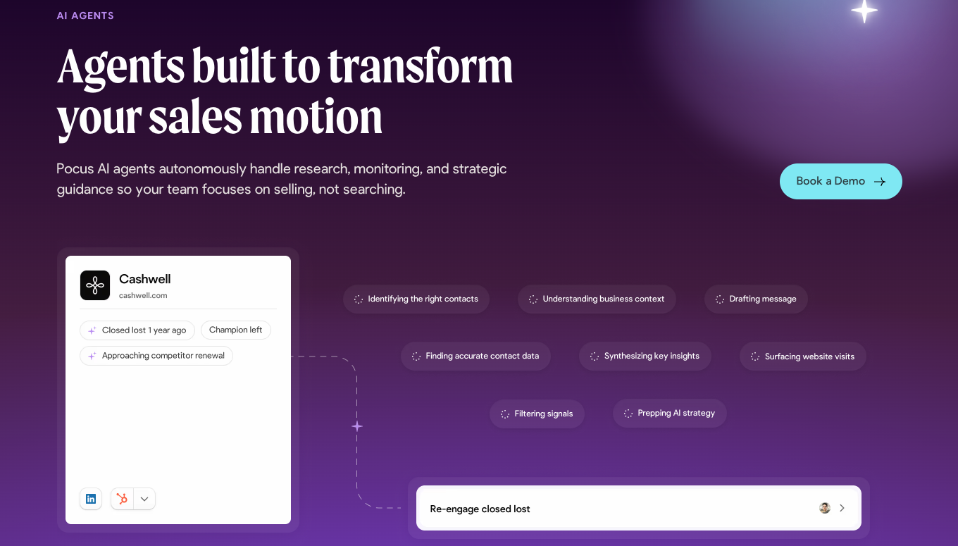 The Pocus AI landing page begins with the headline, “Agents built to transform your sales motion,” followed by a graphic illustrating the tool’s features.