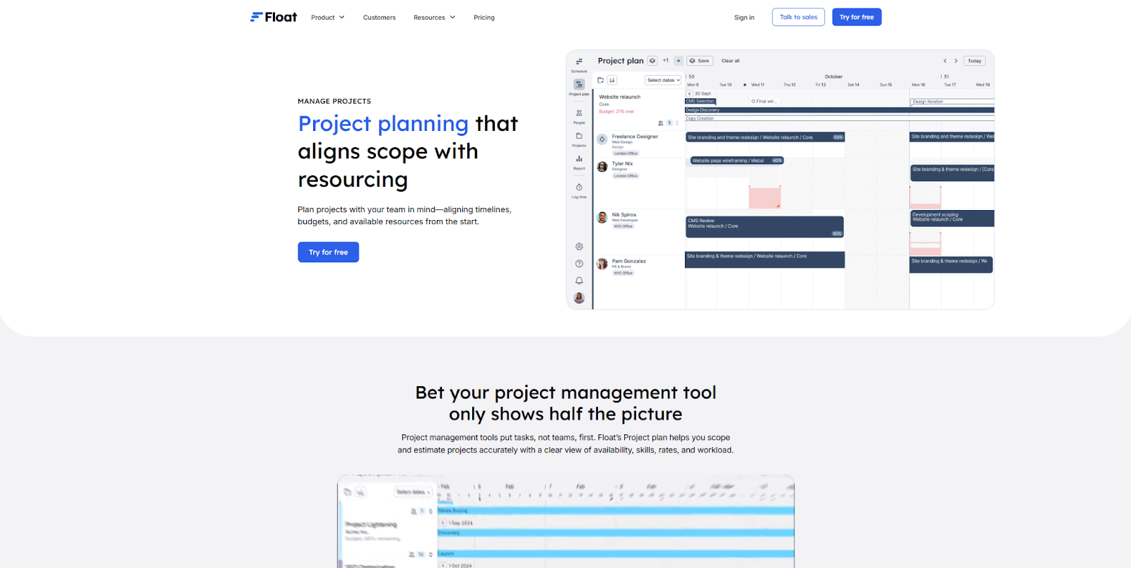 The Float Project Planning landing page begins with the headline, “Project planning that aligns scope with resourcing,” beside a screenshot of the tool.