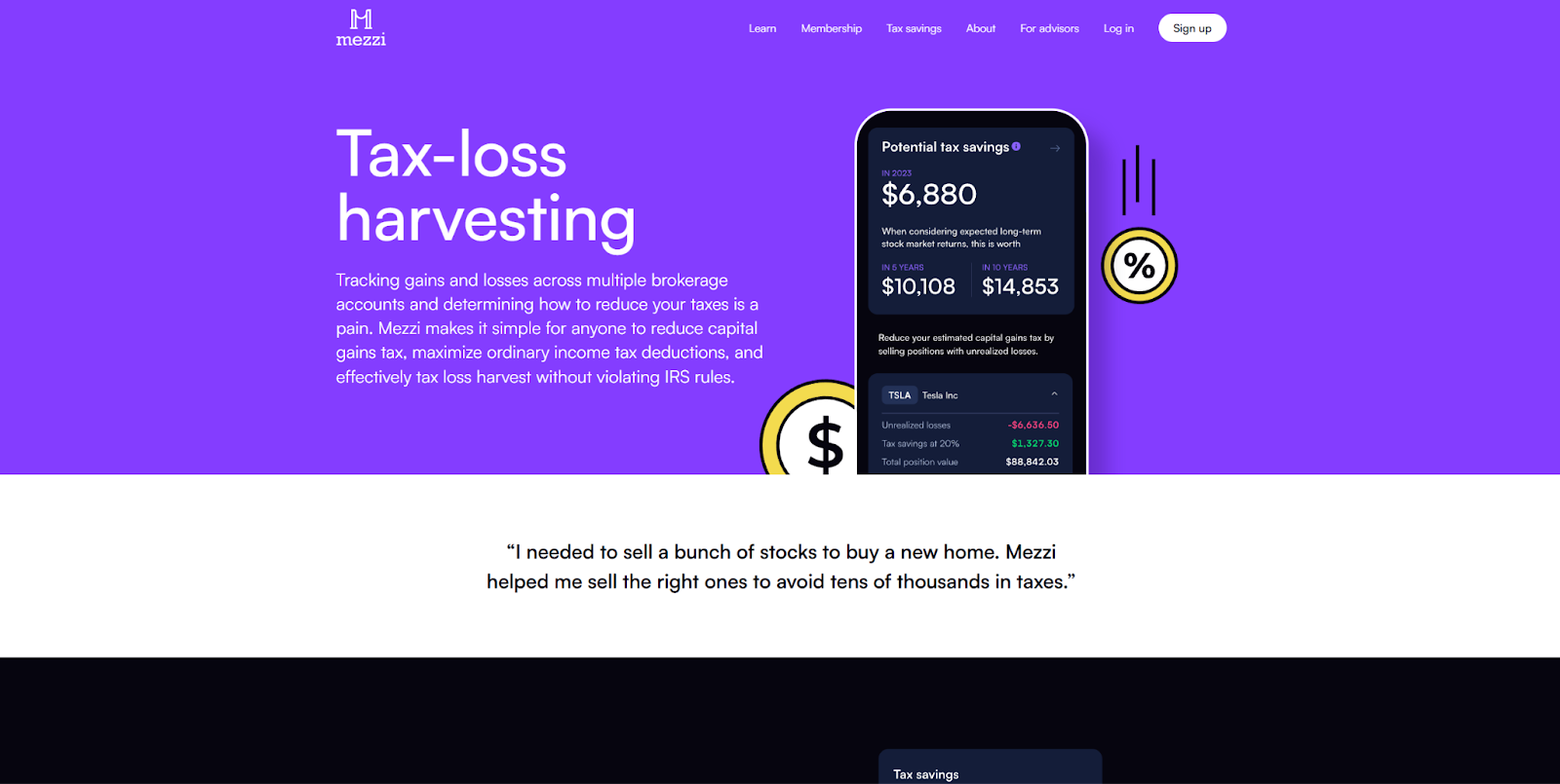 The Mezzi Tax-Loss Harvesting landing page begins with the headline, “Tax-loss harvesting,” followed by a paragraph describing the service and a screenshot of the tool.