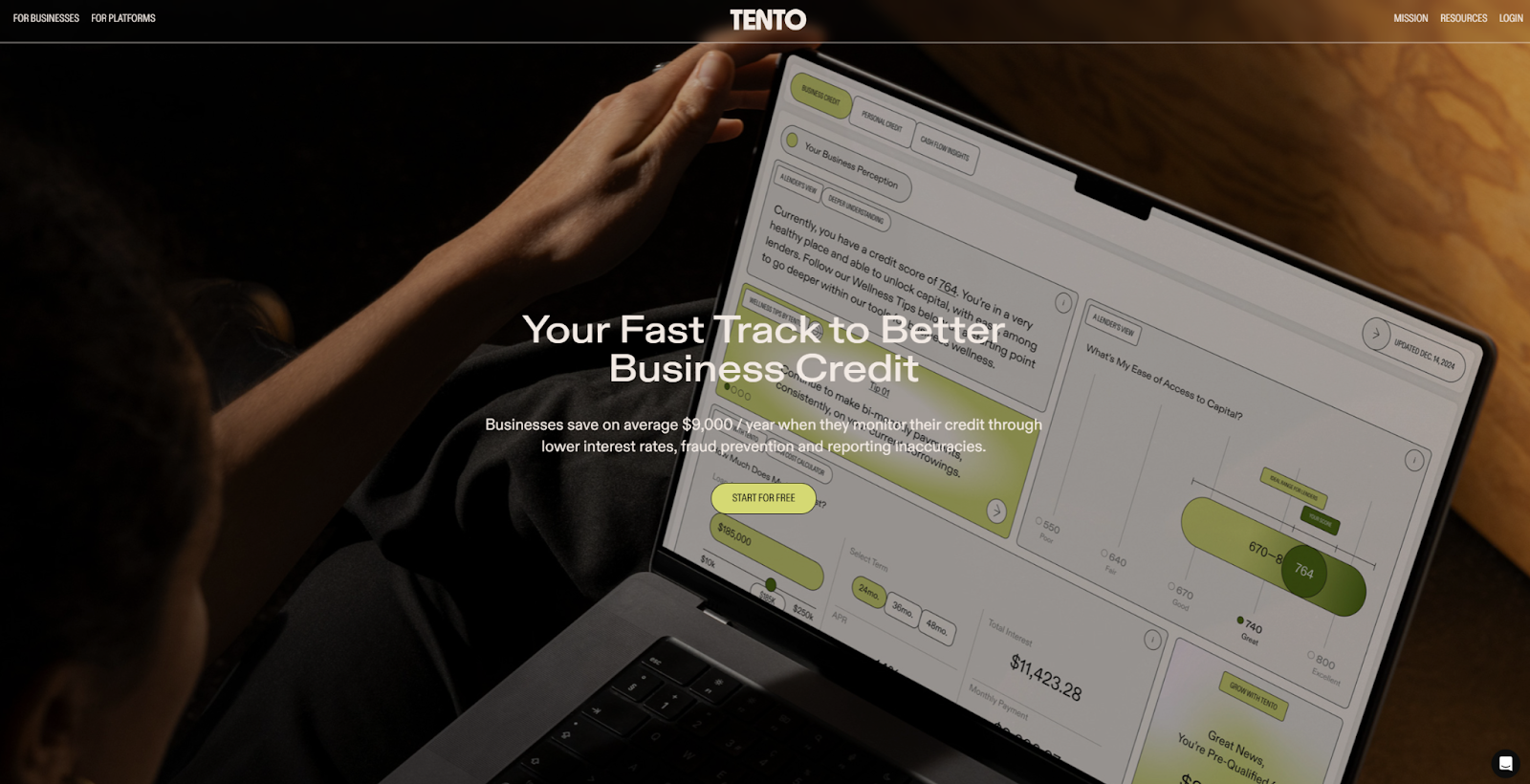 The Tento Business Credit Monitoring landing page begins with the headline, “Your fast track to better business credit,” with a background showing the tool on a laptop.