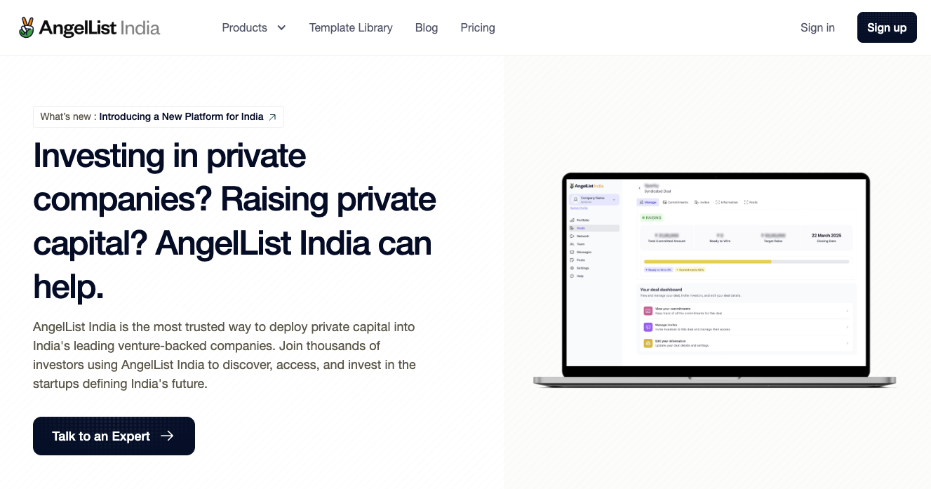 The AngelList India landing page begins with the headline, “Investing in private companies? Raising private capital? AngelList India can help,” above a screenshot of the tool.