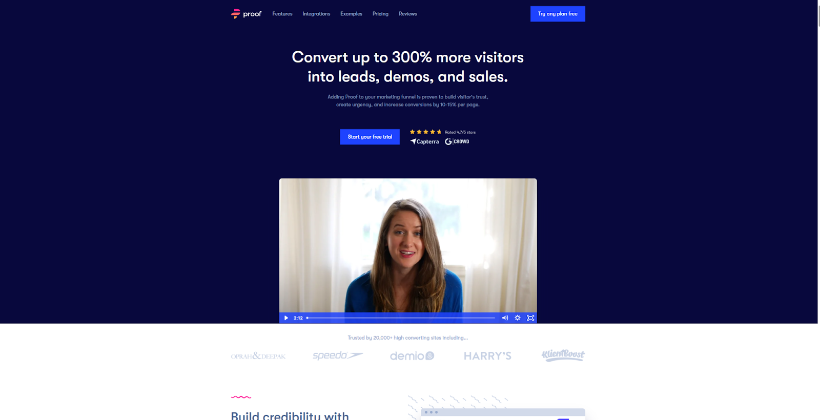The Proof Pulse landing page begins with the headline, “Convert up to 300% more visitors into leads, demos, and sales,” followed by a video demo.