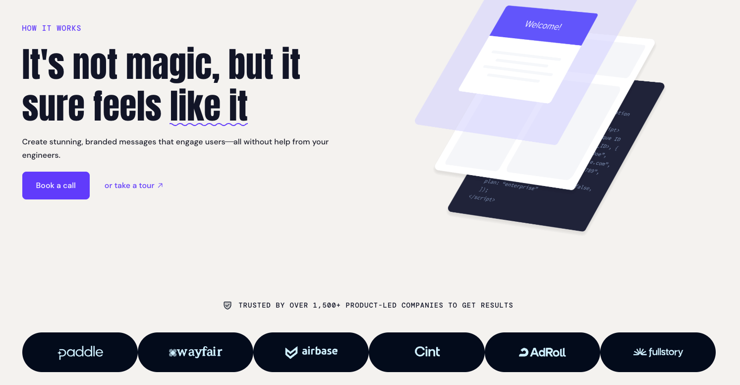 The Appcues How It Works landing page begins with the headline, “It’s not magic, but it sure feels like it,” next to an illustration of a workflow.