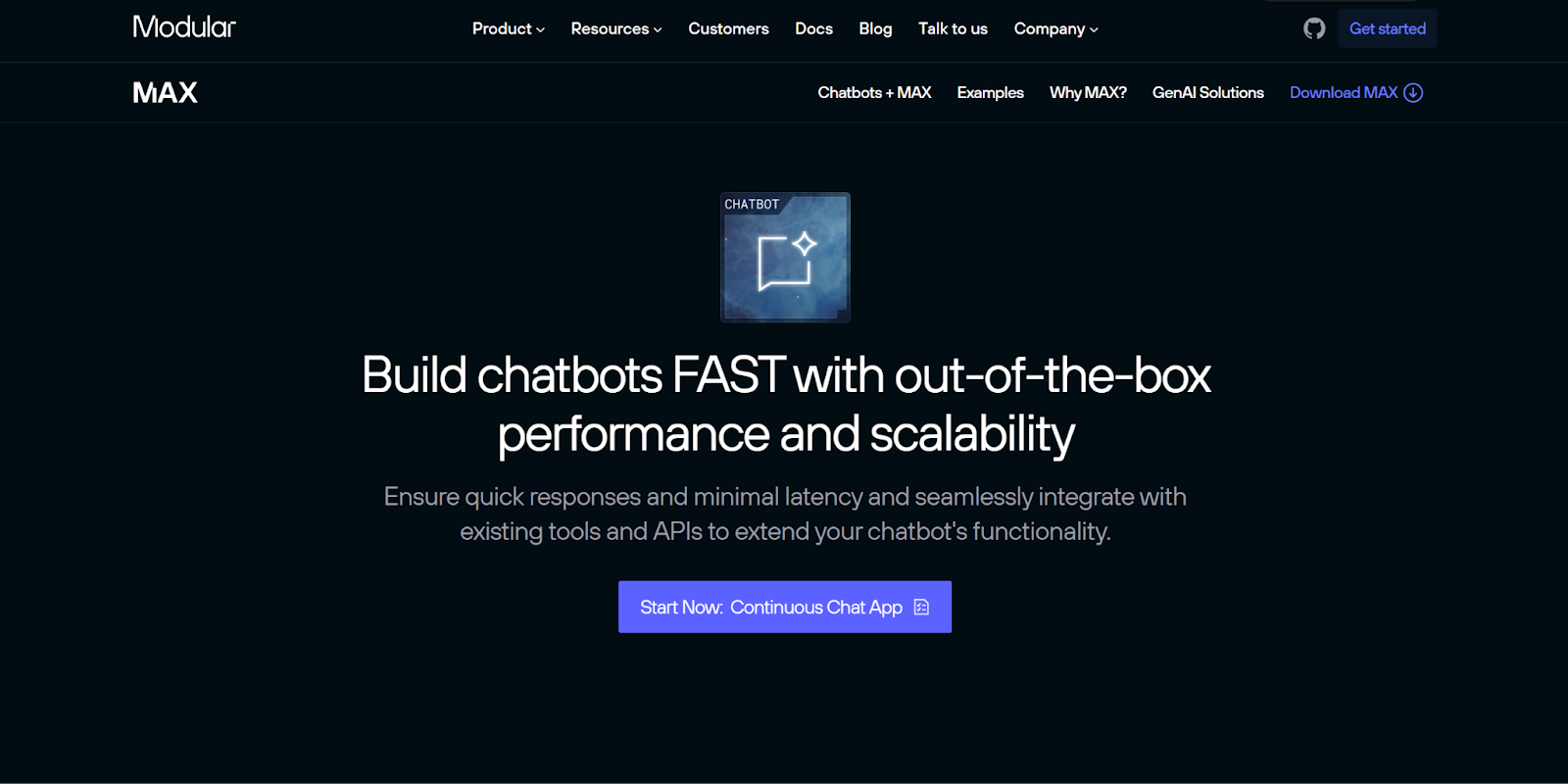 The Modular Chatbots landing page begins with the headline, “Build chatbots fast with out-of-the-box performance and scalability,” on a black background and followed by a CTA button.