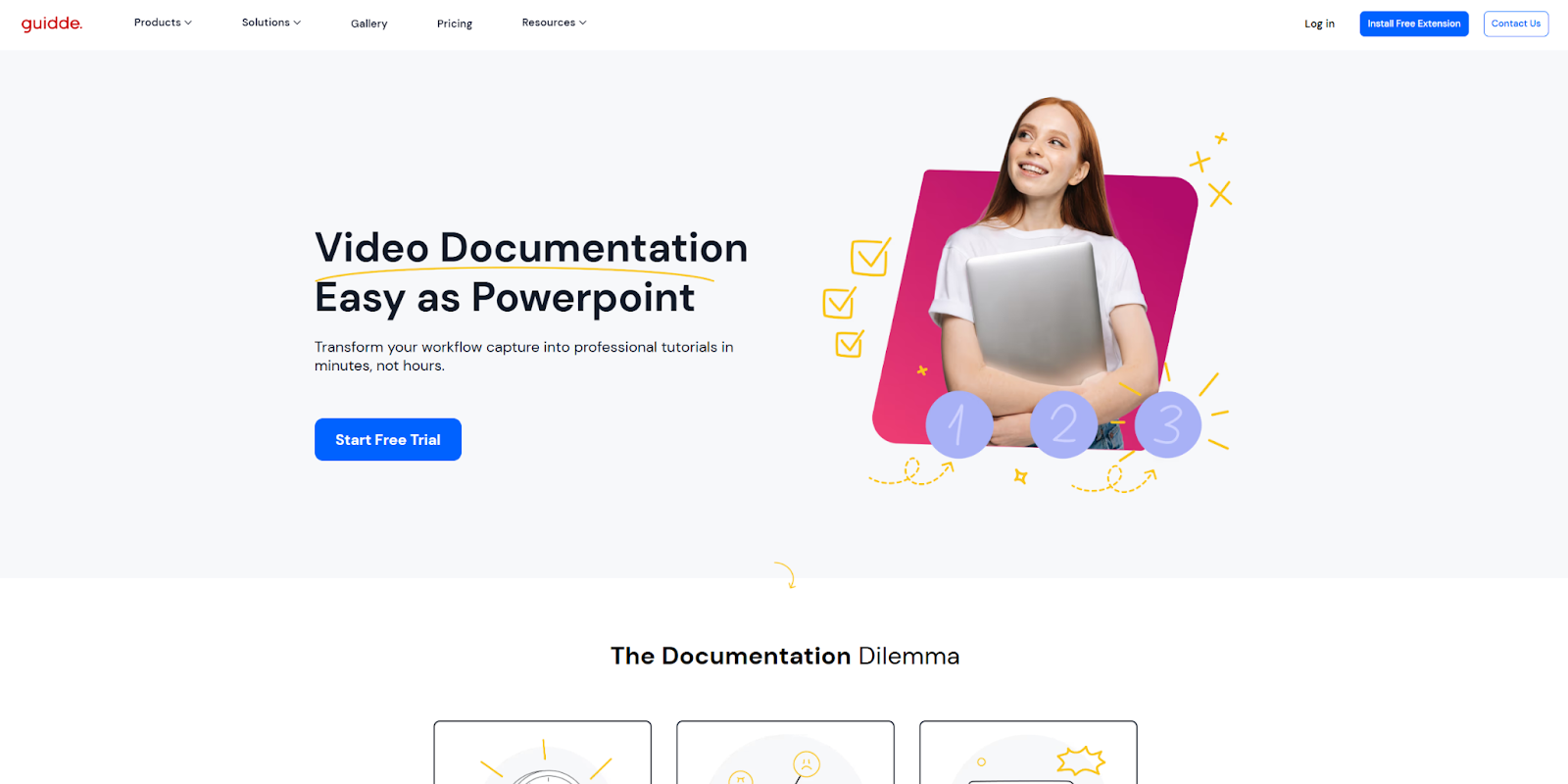 The Guidde Create landing page begins with the headline, “Video documentation easy as PowerPoint,” next to an image of a happy user and above a CTA button.