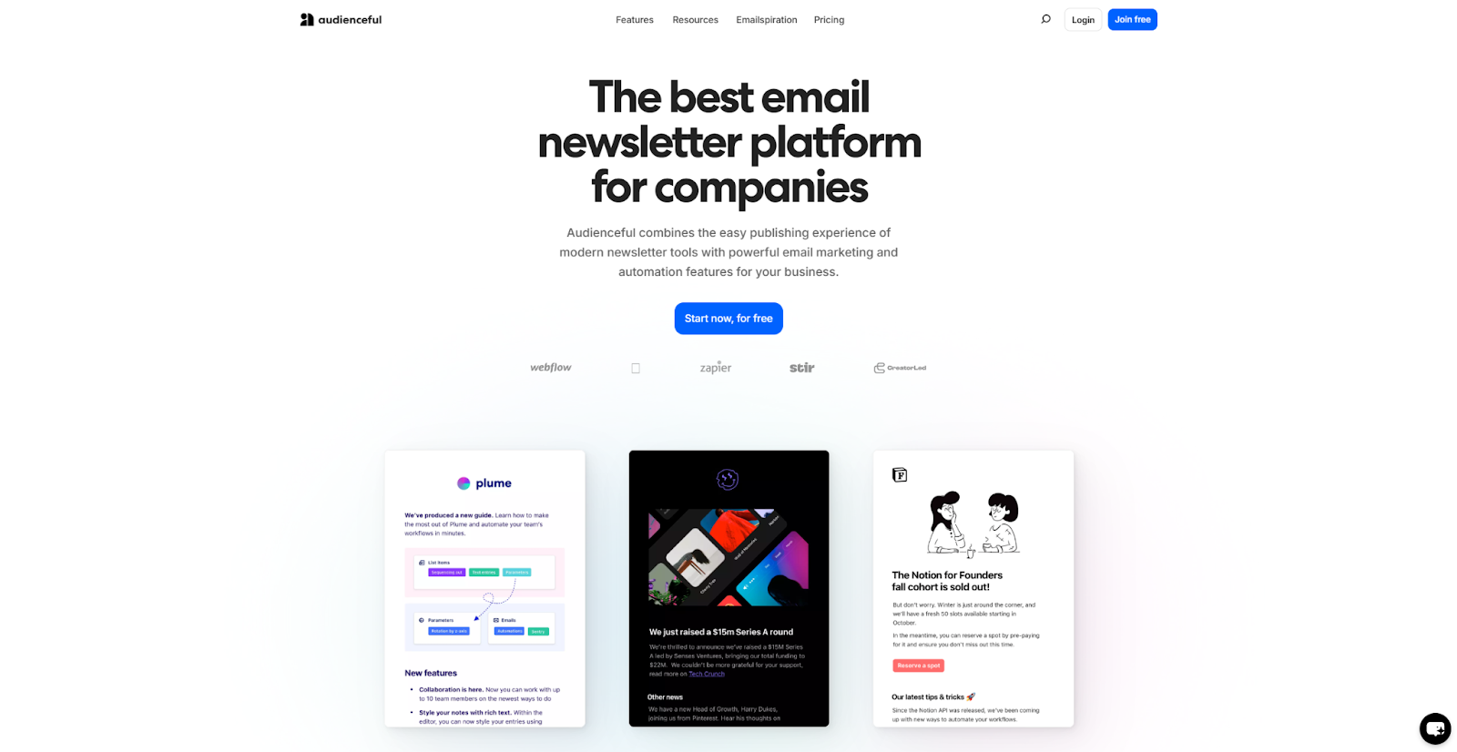 The Audienceful Email Newsletter landing page begins with the headline, “The best email newsletter platform for companies,” above three screenshots of newsletters made with the tool.