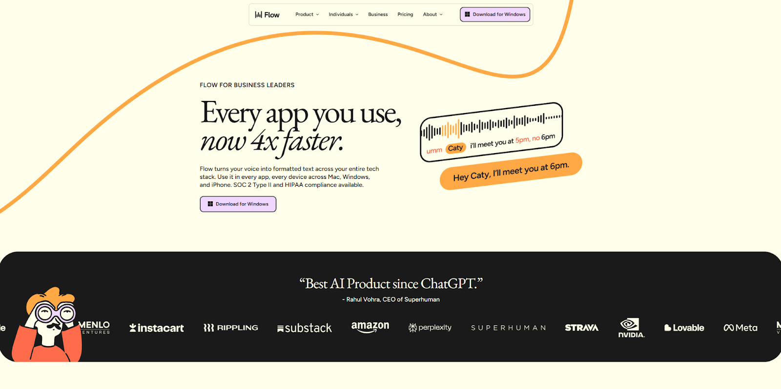 The Flow for Leaders landing page begins with the headline, “Every app you use, now 4x faster,” above a short elaboration paragraph and a CTA button.