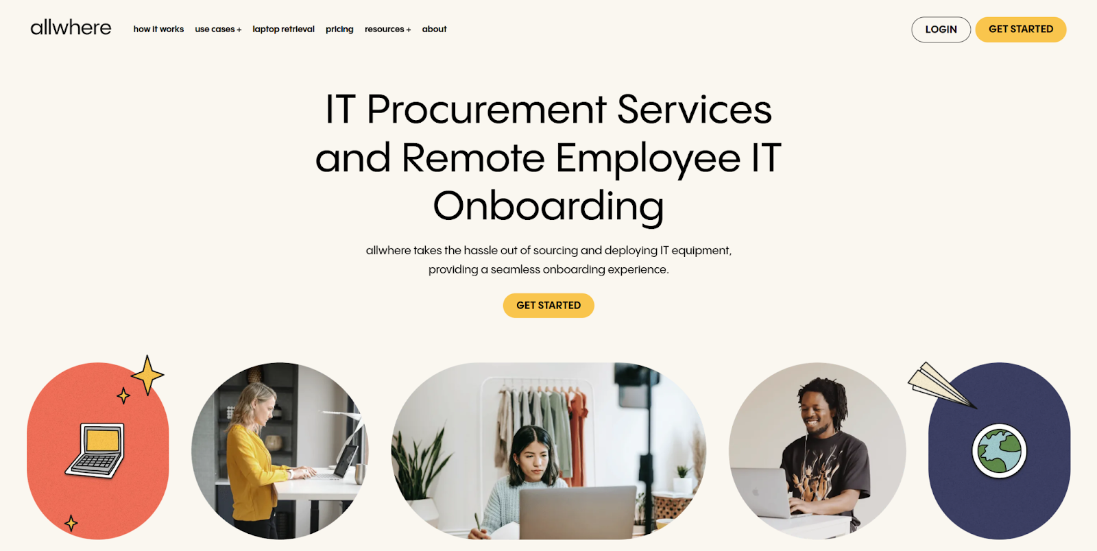 The allwhere Procurement and Onboarding landing page begins with the headline, “IT procurement services and remote employee IT onboarding,” above images of happy users.