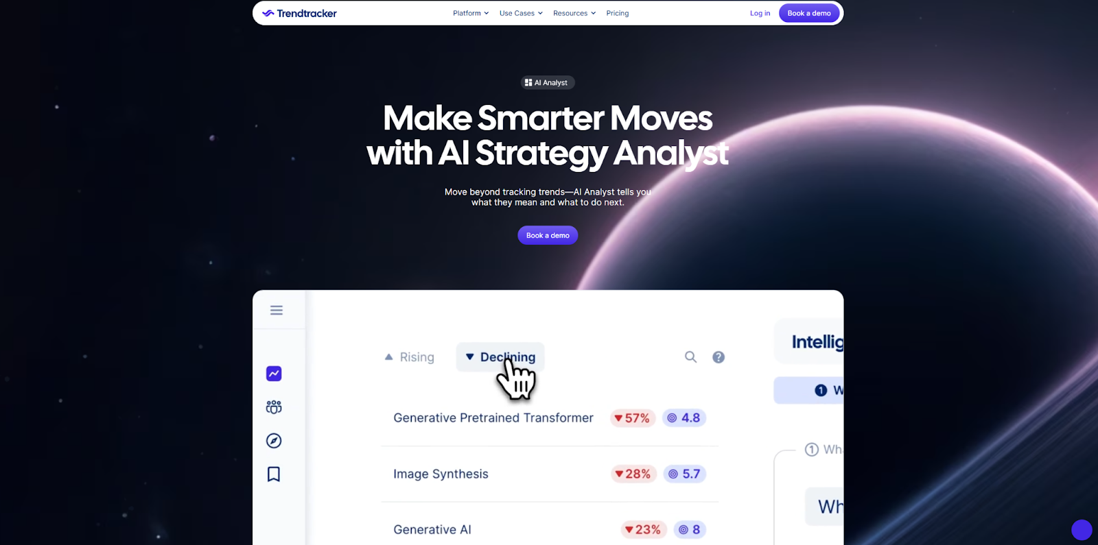 The Trendtracker AI Analyst landing page begins with the headline, “Make Smarter Moves with AI strategy analyst,” above a screenshot of the tool.