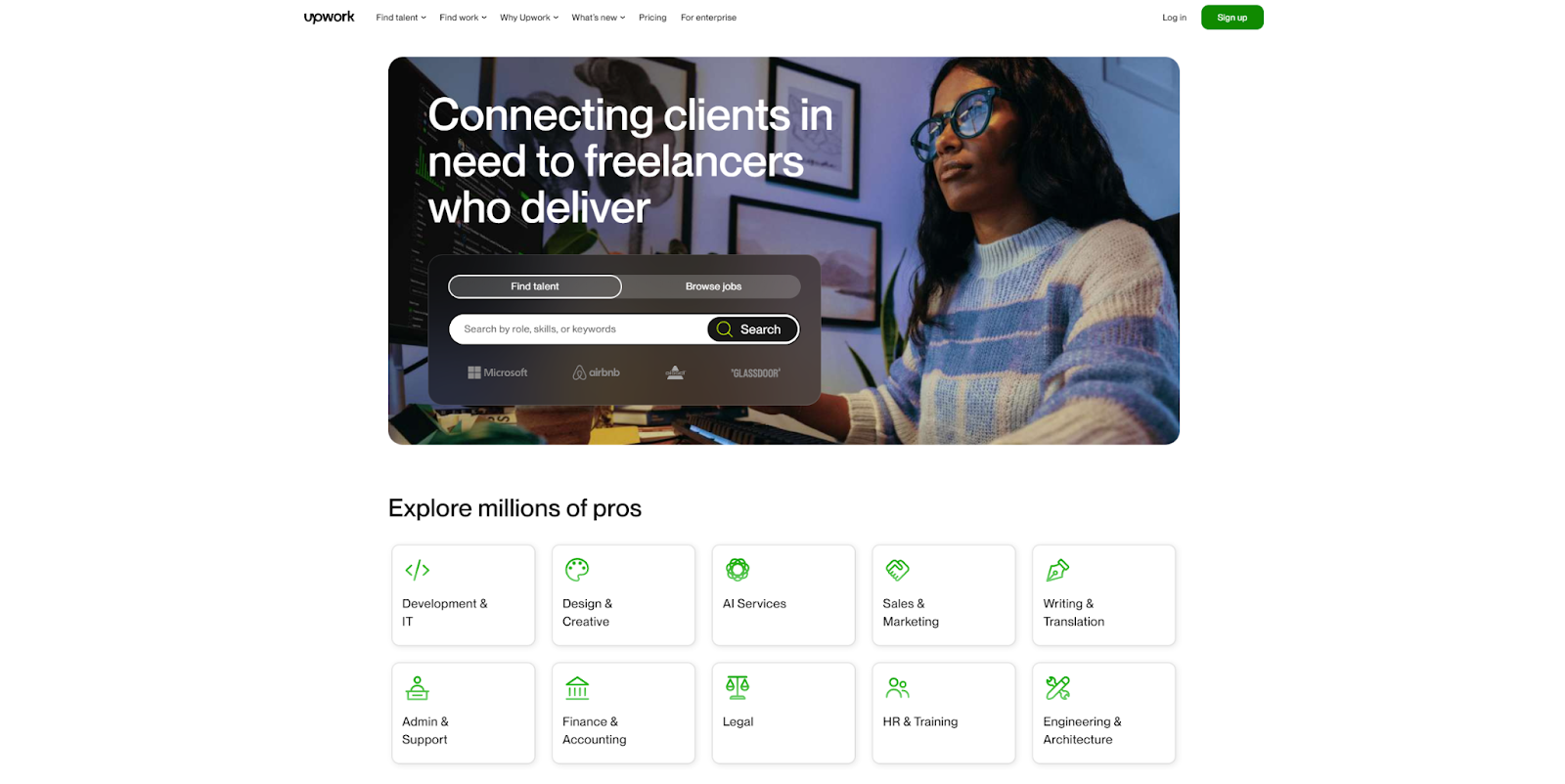The Upwork website, with a search feature and a list of job categories.