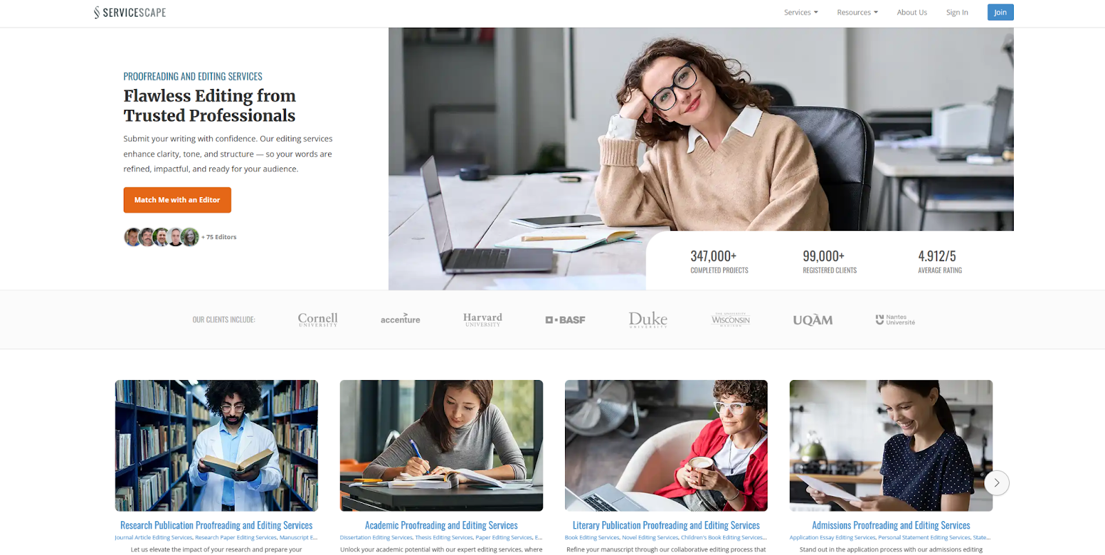 The ServiceScape homepage, with a list of service categories and social proof icons.