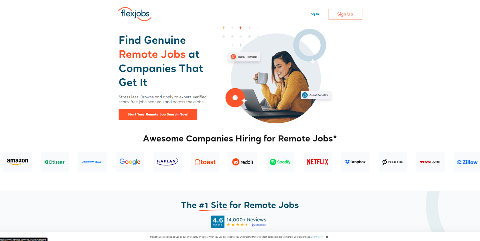 The FlexJobs homepage, with a long list of well-known partner companies and a CTA for job seekers.